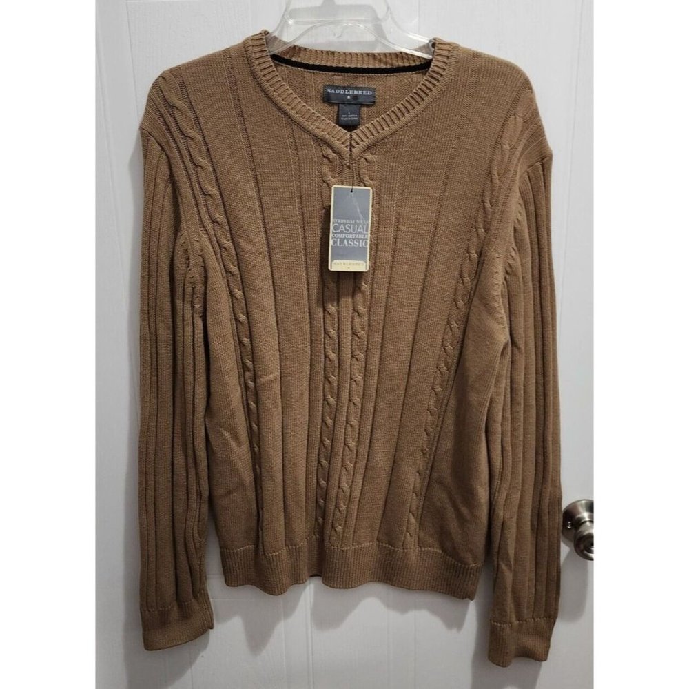 NWT Saddlebred Beige Pullover V Neck‎ Long Sleeve Cable Knit Sweater Sz L Cotton